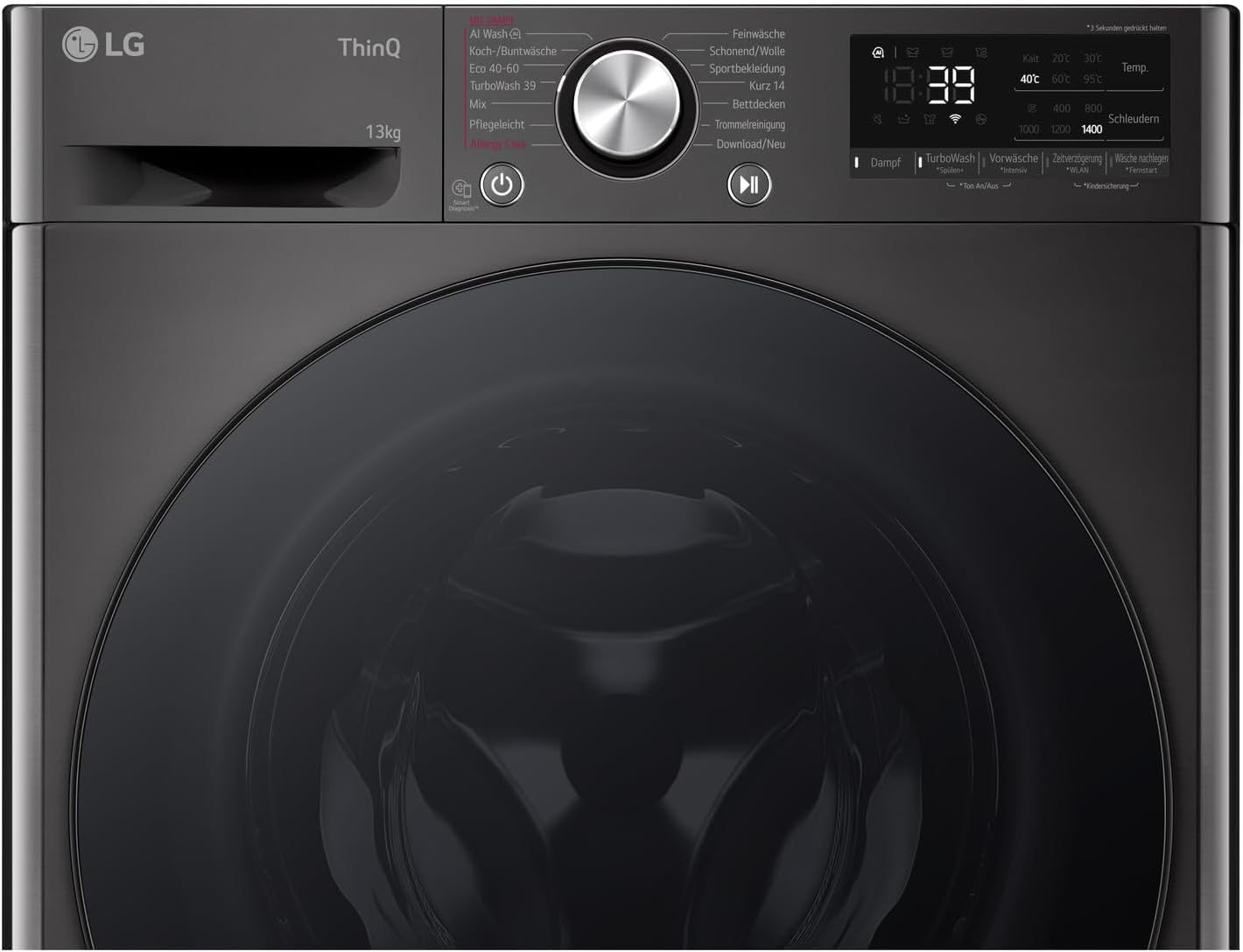 LG F4WR703YB Frontlader-Waschmaschine 13 kg 1400 U/min TurboWash 360 Allergy Care Steam Wi-Fi Digitales Touchdisplay Platinum Black