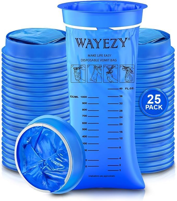 WAYEZY Vomit Bags Disposable 25 Pack (1000ml) Medical Grade Emesis Bags for Travel Motion Sickness Morning Sickness & Nausea Leak-Proof Odor-Blocking Portable Throw Up Bag disposable