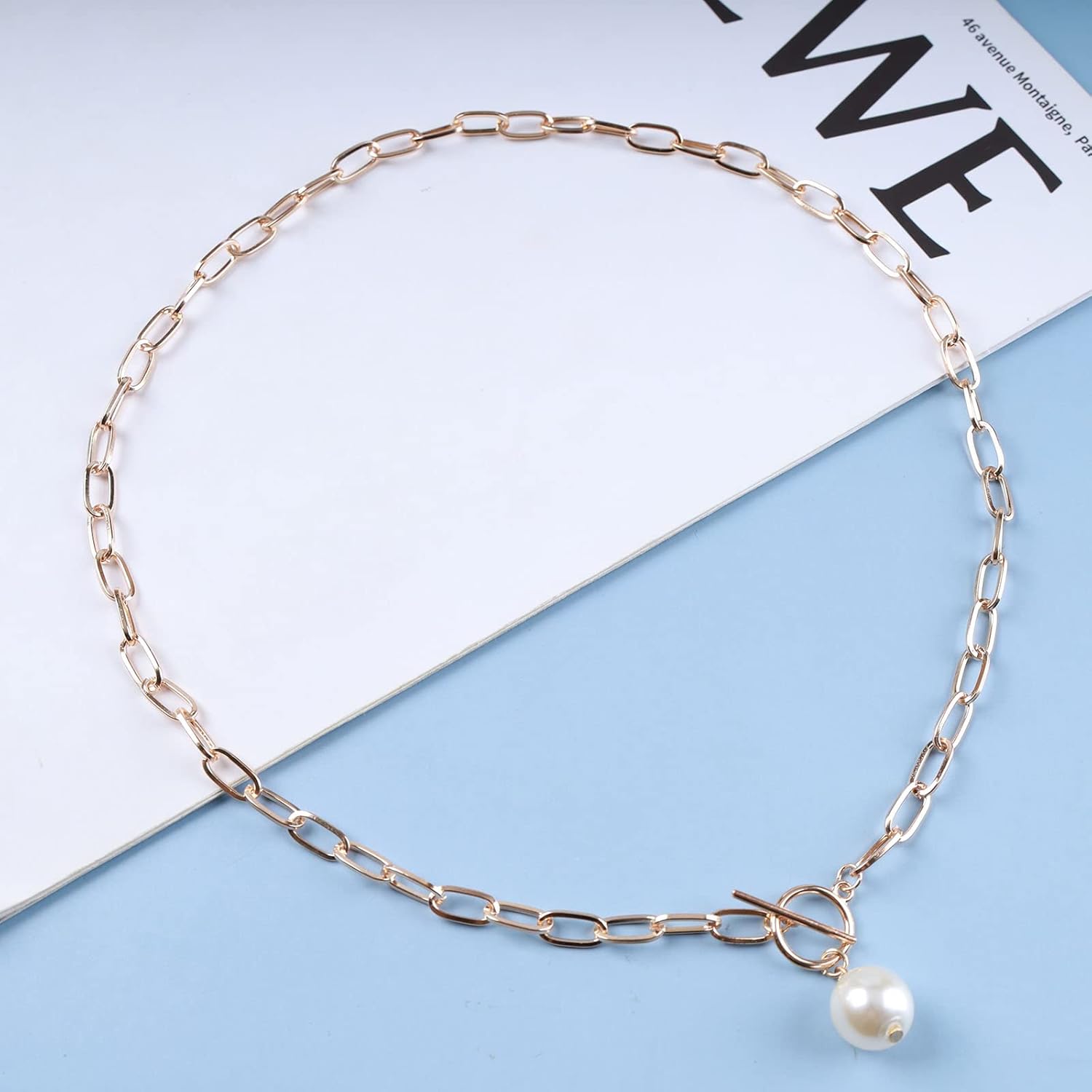 Bohemian Pearl Pendant Necklace Pearl Paperclip Link Chain Necklace Paperclip Collar Necklace Gold T Bar Necklace Jewelry for Women - Image 3