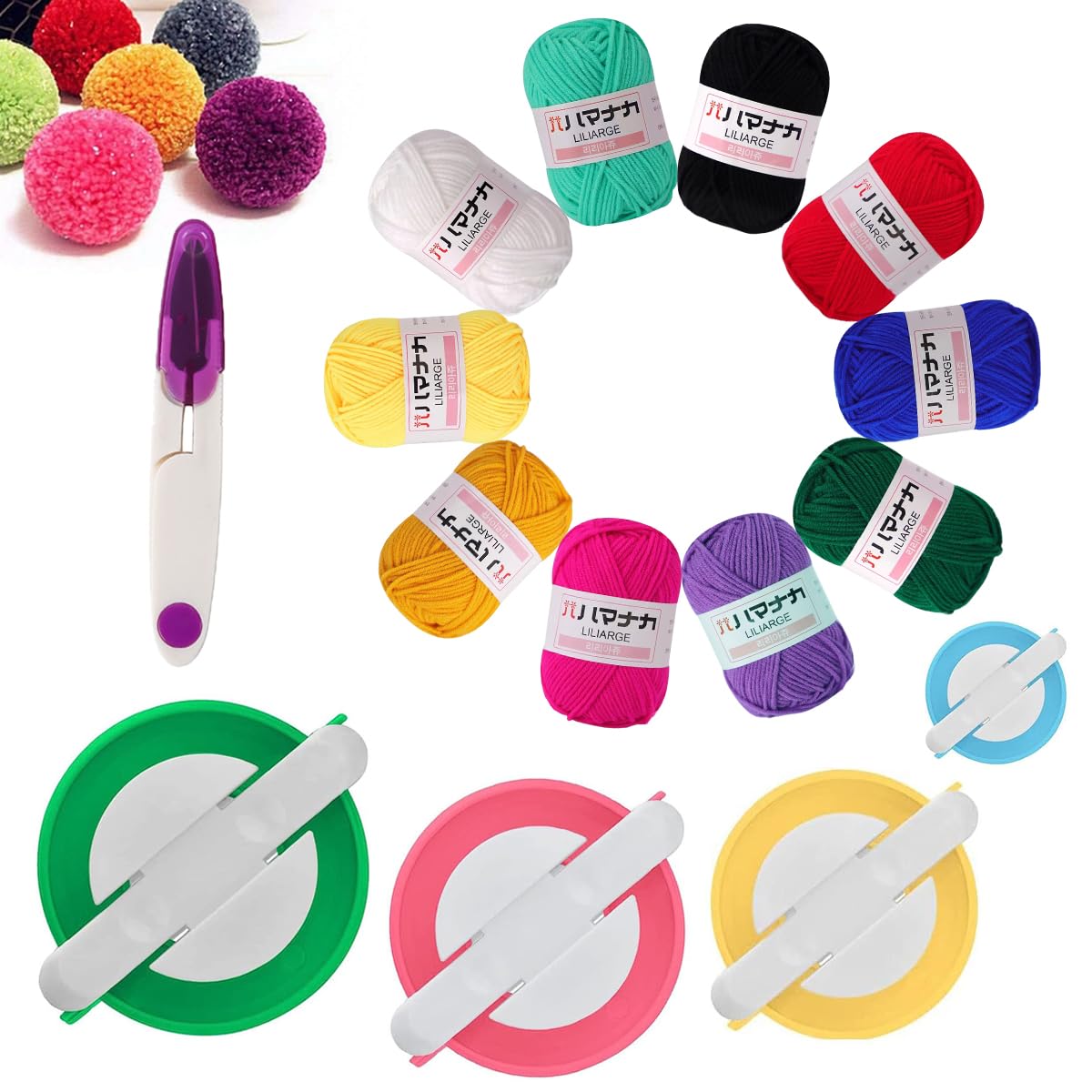 Goodern Pompom Maker Yarn Kit,4 Sizes Pompom Maker with 10PCS Acrylic Yarn&1PC Scissors,Wool Knitting Craft Tool Set for Kids Adults Beginners DIY Decoration,Yarn Ball Winder for Kids Adult