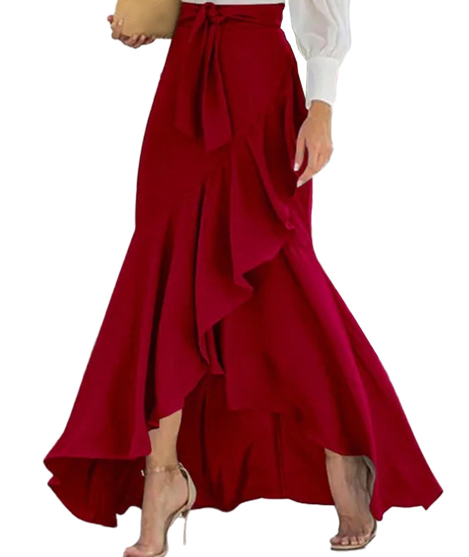 SOMTHRON Gonna lunga da donna casual scozzese a sirena con nodo annodato avvolgere una linea irregolare orlo increspato a coda di pesce gonna lunga