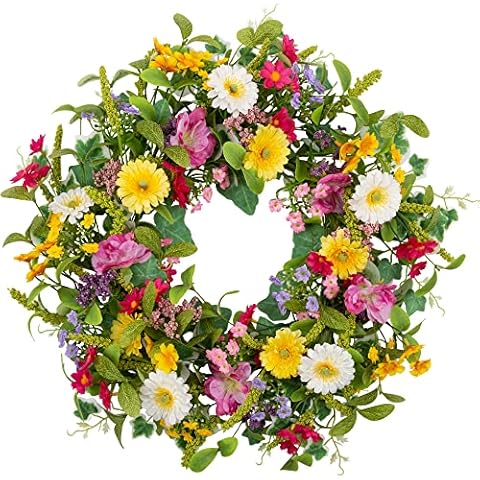 Skrantun 18 inch Spring Wreath for Front Door Artificial Flower Wreath with Green Leaves Summer Wreath with Wildflowers for Wall Window and Farmhouse Decor Cover
