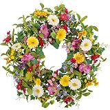 Skrantun 18 inch Spring Wreath for Front Door Artificial Flower Wreath with Green Leaves Summer Wrea