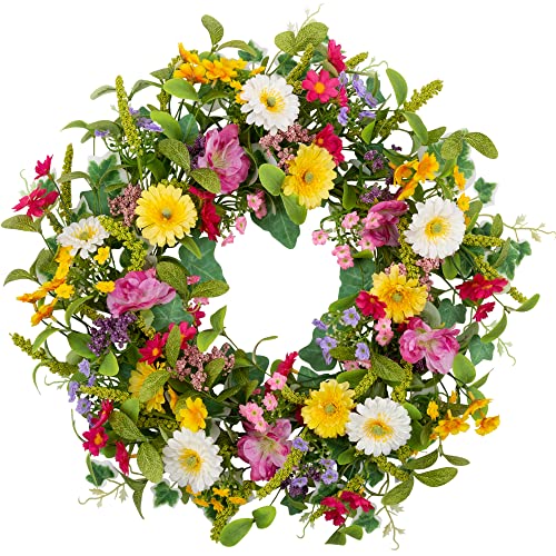 Skrantun 18 Inch Spring Wreath For Front Door Artificial Flower Wreath With Green Leaves Summer Wreath With Wildflowers For Wall Window And Farmhouse Decor #TOP19