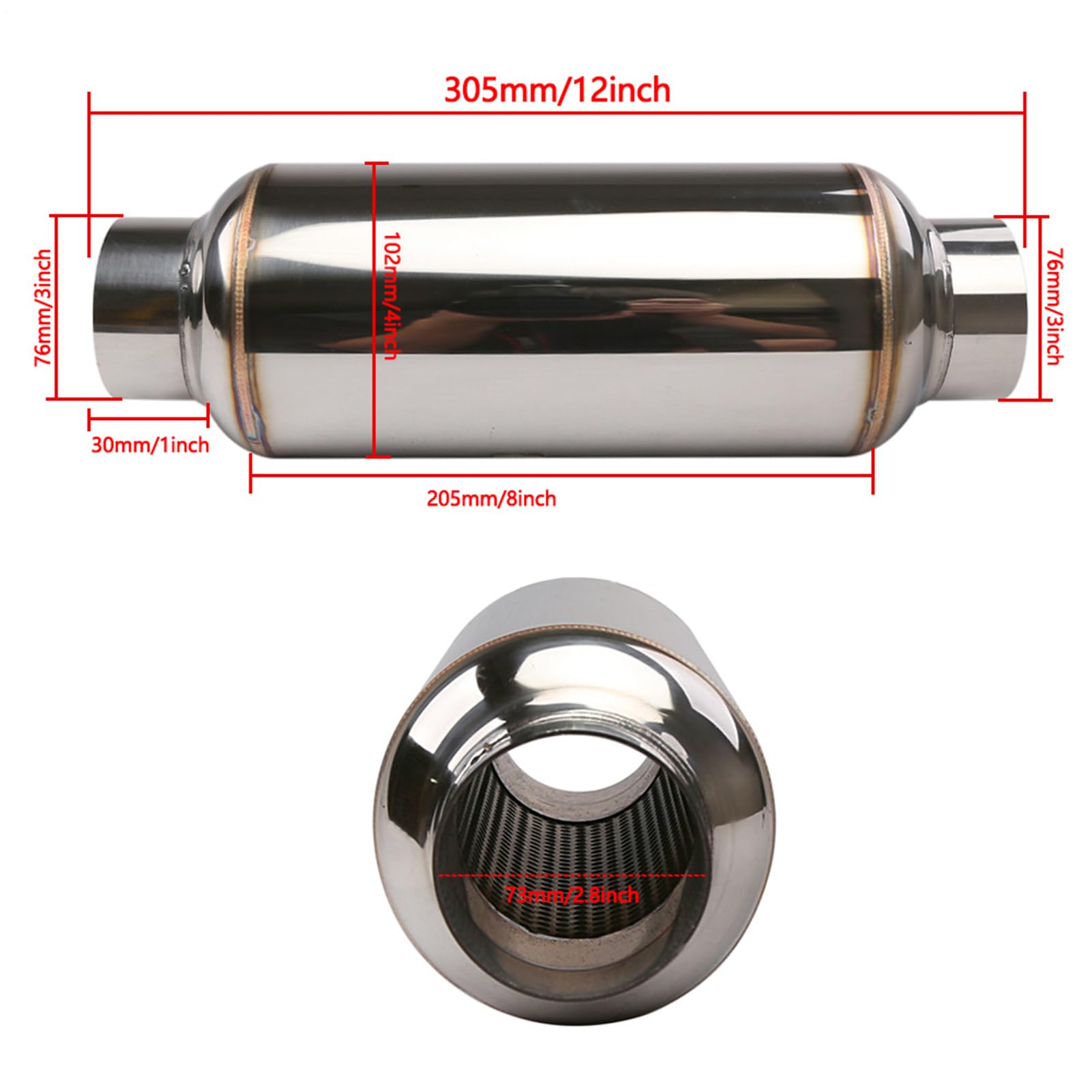Silenziatore Di Scarico, Tubo Silenziatore per Impianto di Scarico, Acciaio con a Risonanza per Moto, Auto, Trattorino, Trattore, Camion