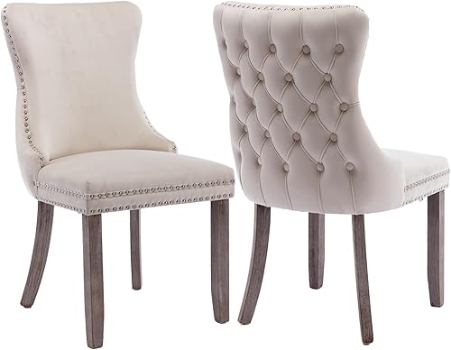 Black Dining Chairs Set of 2, Linen Fabric Upholstered Dining Room Chairs with Back Ring Pull Trim and Solid Wood Legs, Luxury Tufted Kitchen Chair