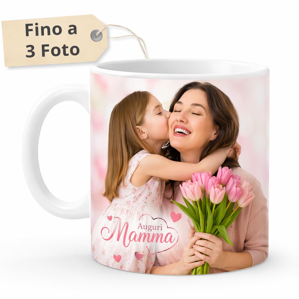Tazza Personalizzata Fino a 3 Foto, Made in Italy - Tazza in Ceramica 325 ML Interamente Personalizzabile a 360 Gradi con Foto - Idea Regalo Compleanno Amica, Festa della Mamma e San Valentino