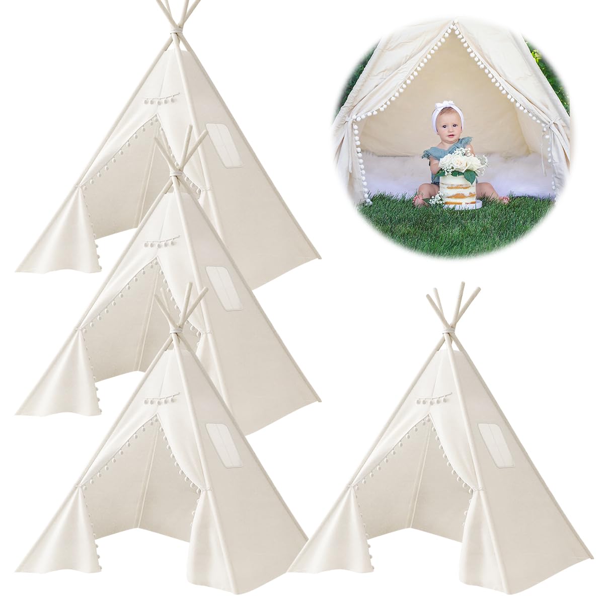 Jamceoceo 4 PCS Teepee Tent for Kids,Washable Tapered Kids Teepee Tent,Bohemian White Collapsible Sleepover Tents,for Boys and Girls Sleepover Pajamas Party Birthday SPA
