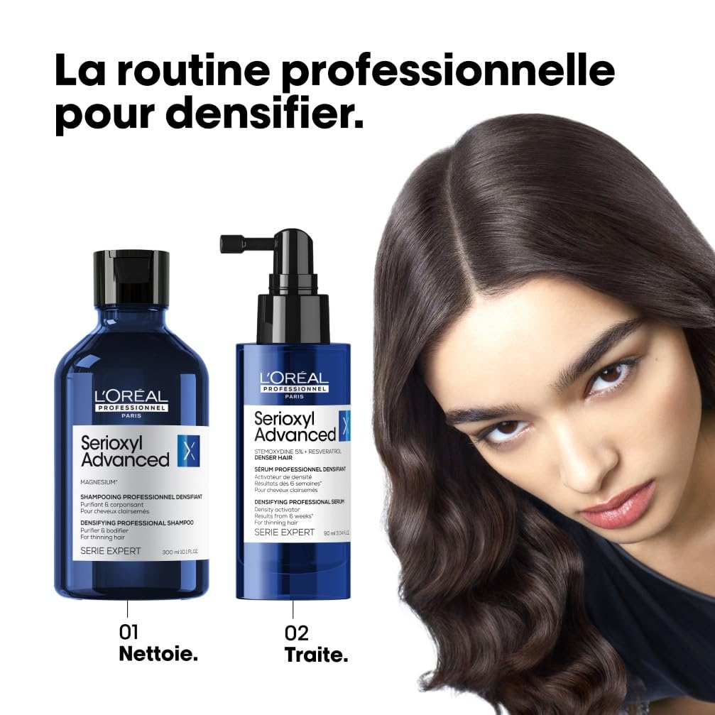 L'OREAL PROFESSIONNEL - Shampoing Densifiant & Corporisant - +22% de Volume dès la 1ère Utilisation - Soin Volumateur pour Cheveux Clairesemés - Sans Silicone - Serioxyl Advanced - 300 ml