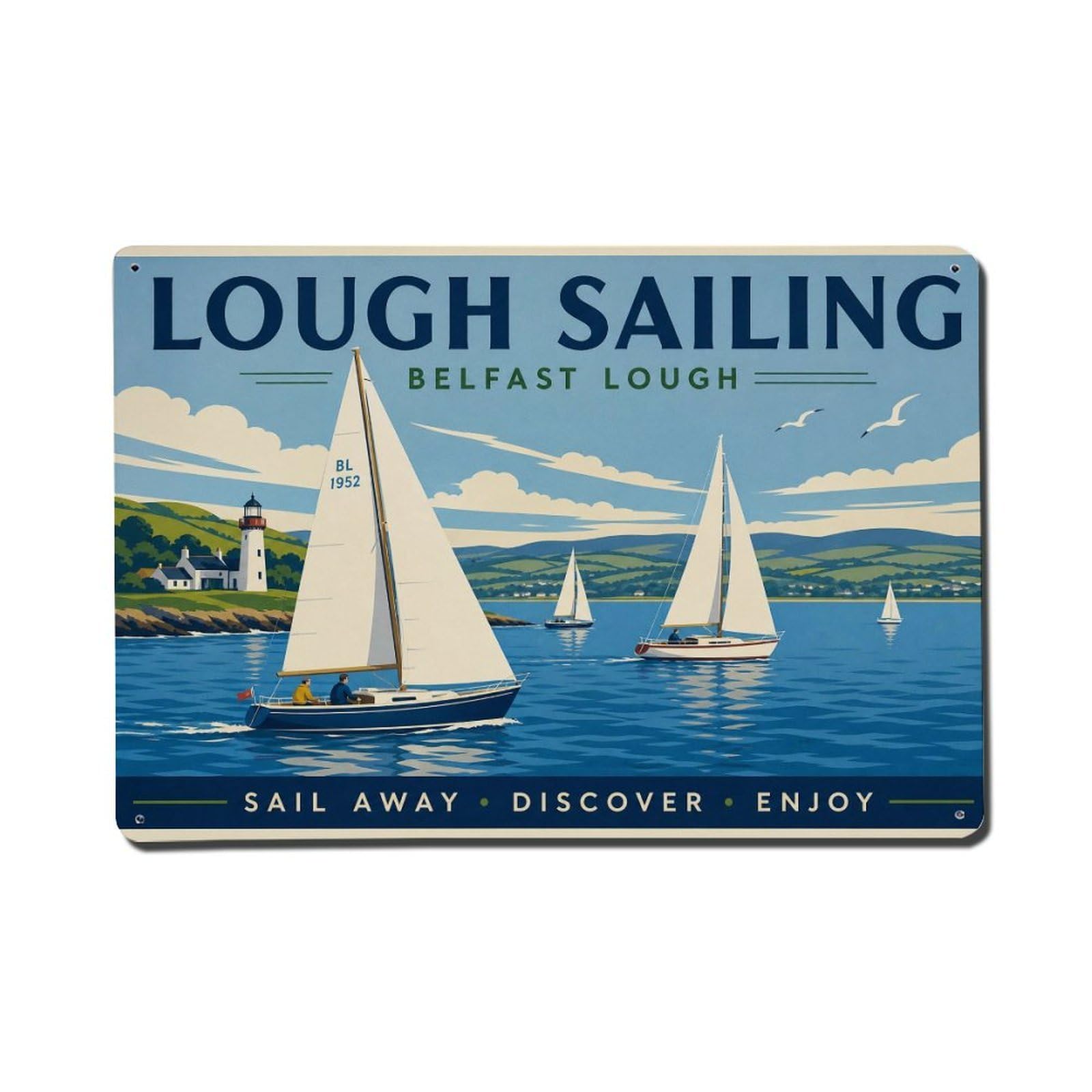 Fyrn Style Metal Tin Sign Vintage Travel Belfast Lough Sailing Ireland Coastal Boats 1