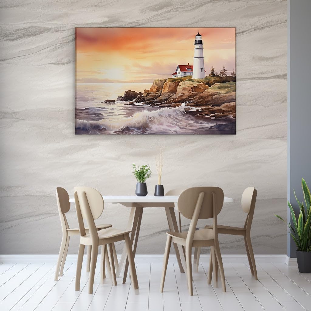 Art Wall: Lighthouse Guardian Over Rugged Shores At Sunset - a Watercolor Symphony of Serenity and Awe. Interior Decor, Canvas Art Design, Art Apartment Decoration. Size: 69x46 cm (27x18 inch)