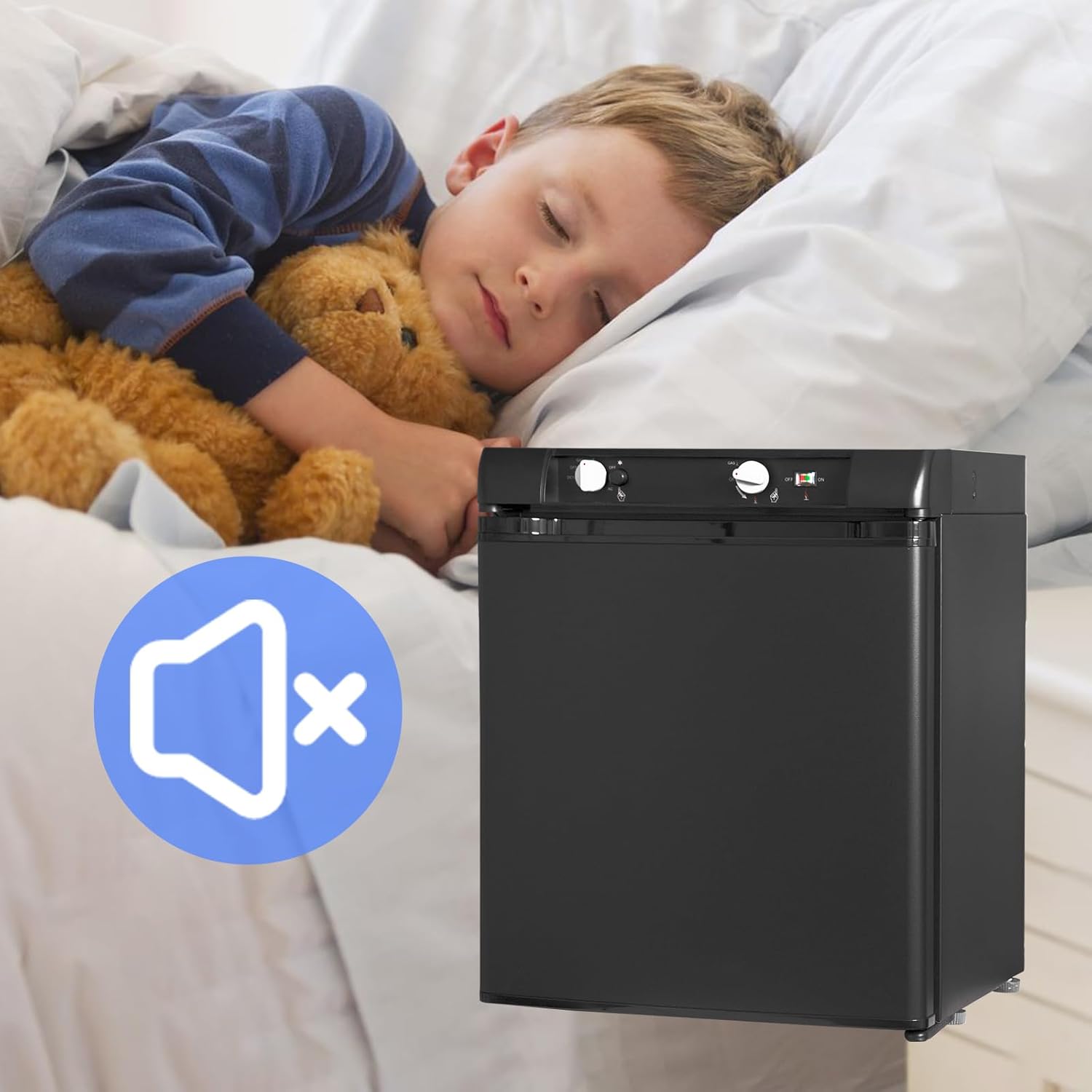Image of a child sleeping peacefully next to the Techomey 3-Way Propane Refrigerator, with a 'no noise' icon, illustrating its silent operation.
