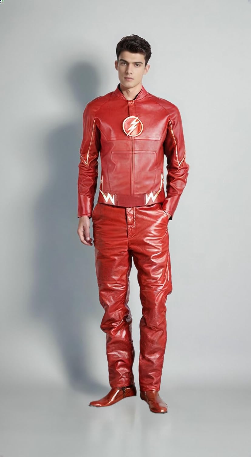 VearFit The Flash Lightning bolt Faux leather Super Hero Black and RED Barry Allen Jacket
