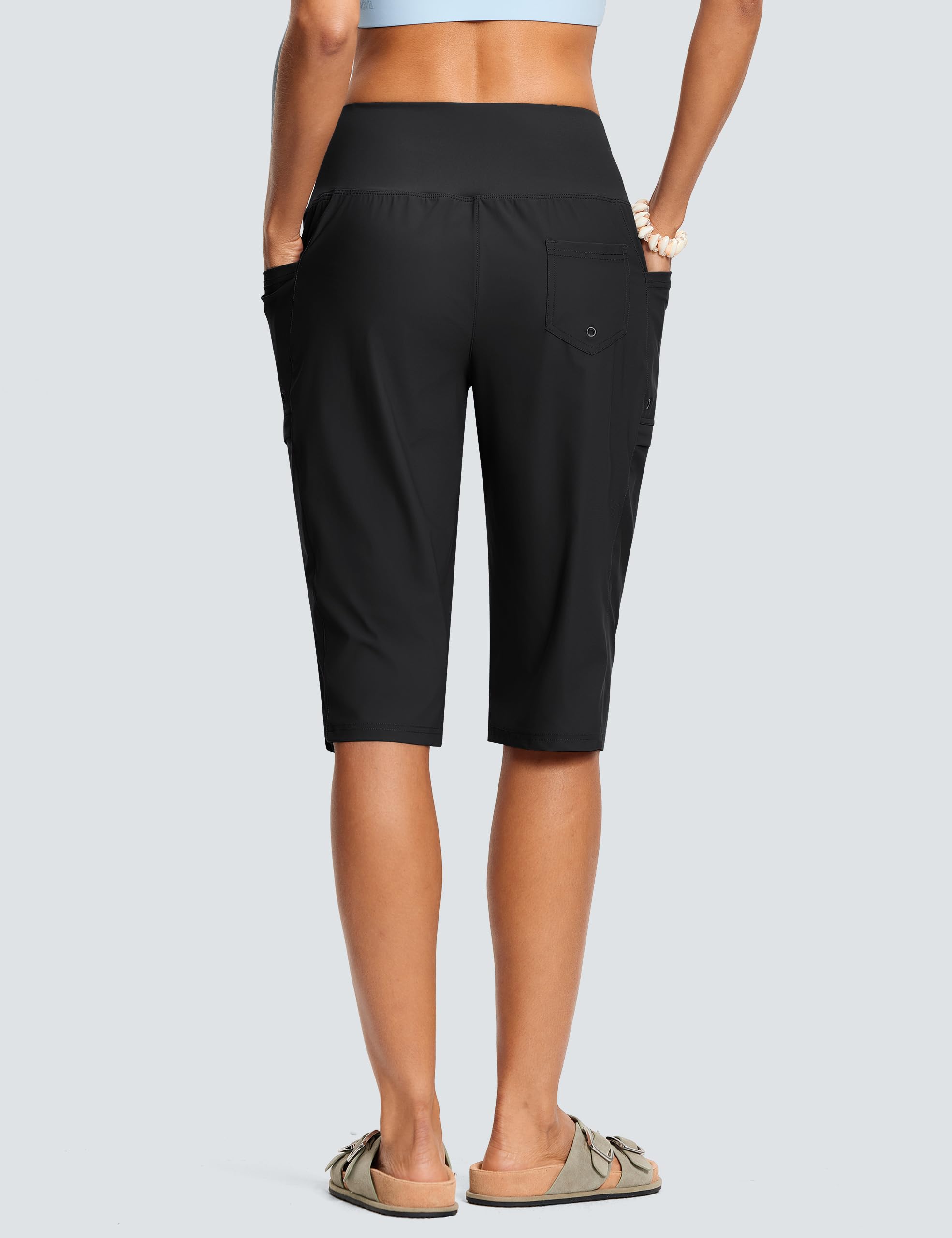 ISEEGZ Pantalones capri de natación para mujer, cintura alta, control de abdomen, secado rápido, UPF 50+, pantalones cortos largos con forro y bolsillos