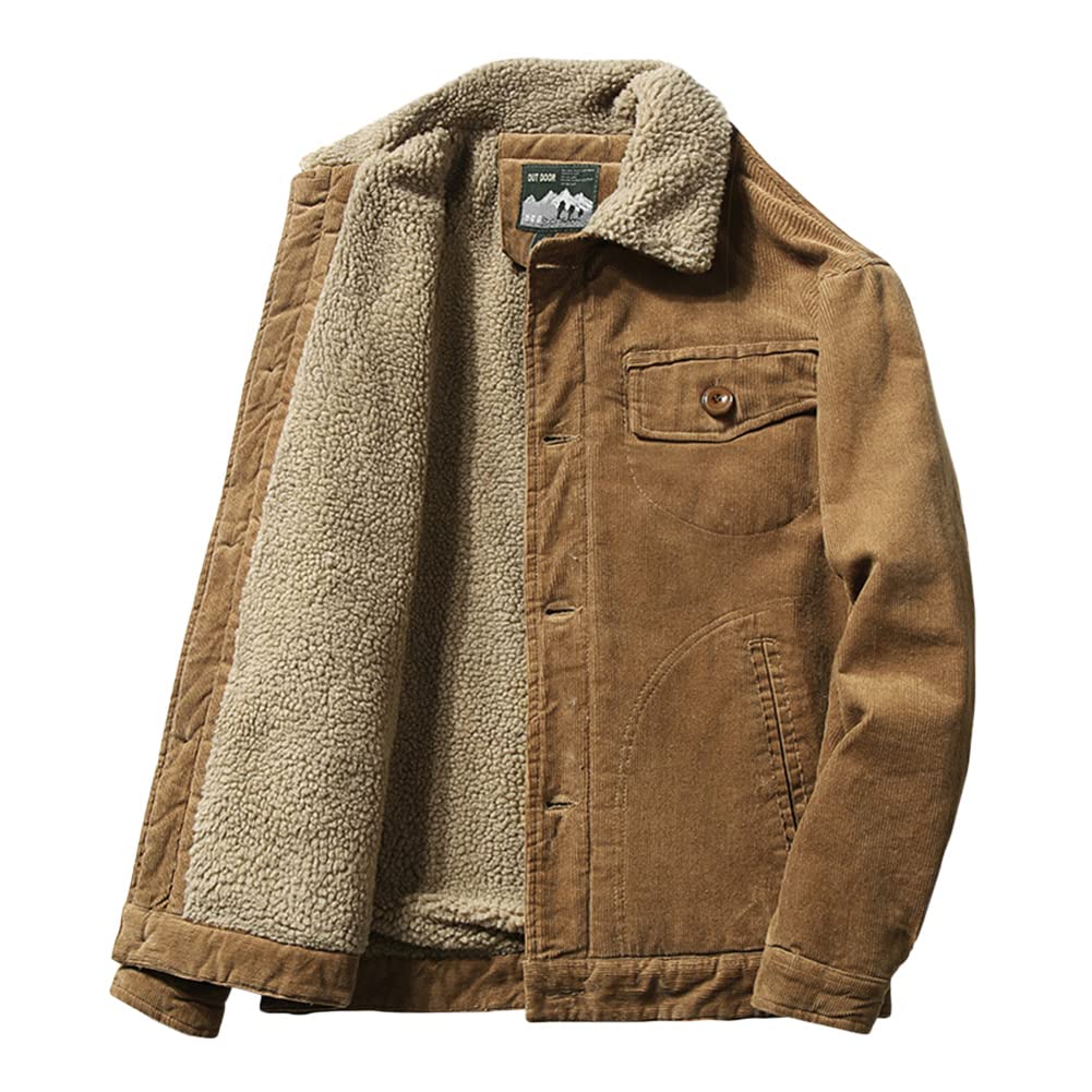 Chaqueta de Camionero con Forro de Sherpa de Pana Hombre Chaquetas de Entretiempo de Algodón Solapa Abrigo Corto de Felpa Chaqueta Casual de Pana Cálida de Invierno con Botones y Bolsillos