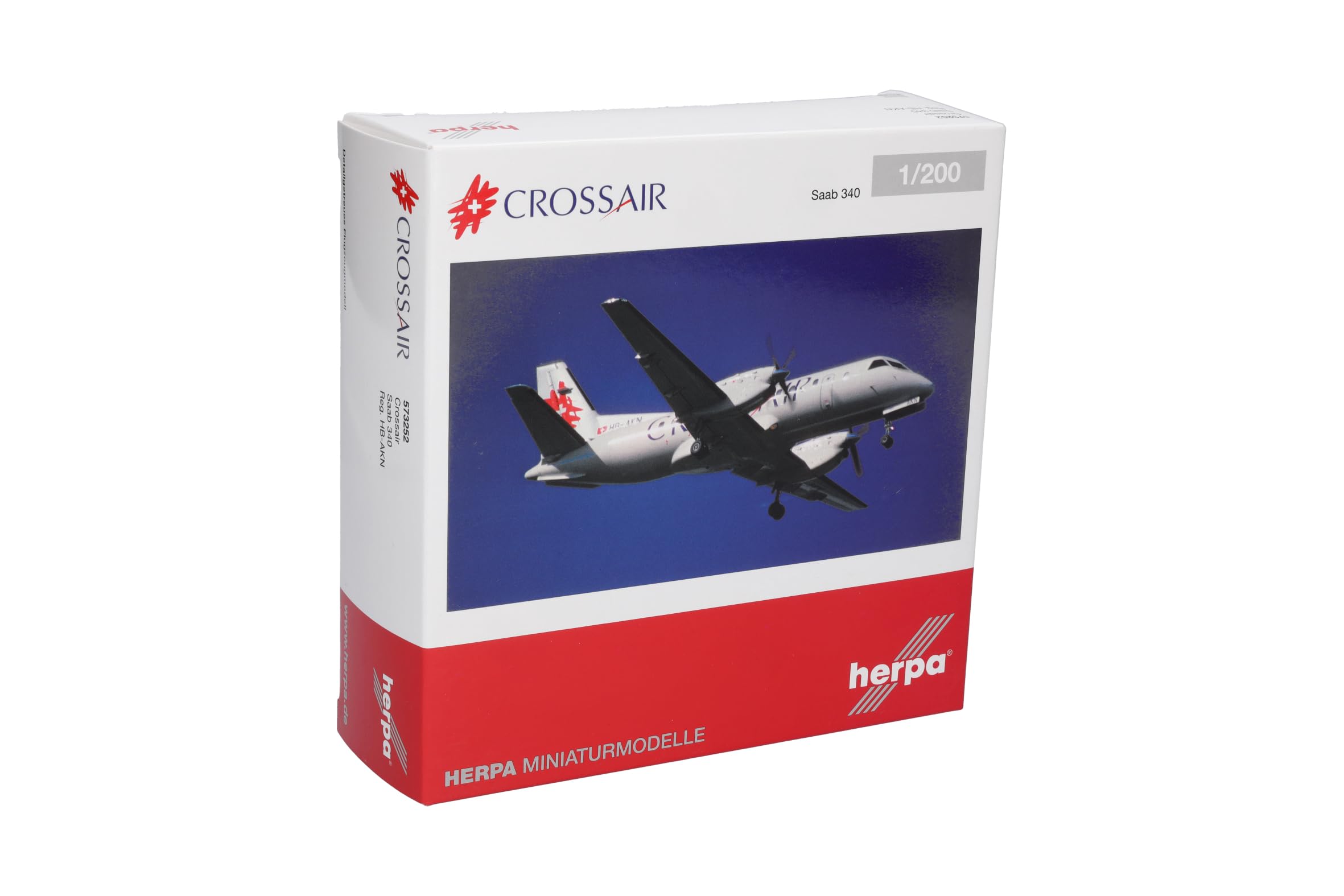 herpa Modellino aereo Crossair Saab 340 (ultima livrea), miniatura scala 1:200, pezzo da collezione, modello senza supporto, metallo