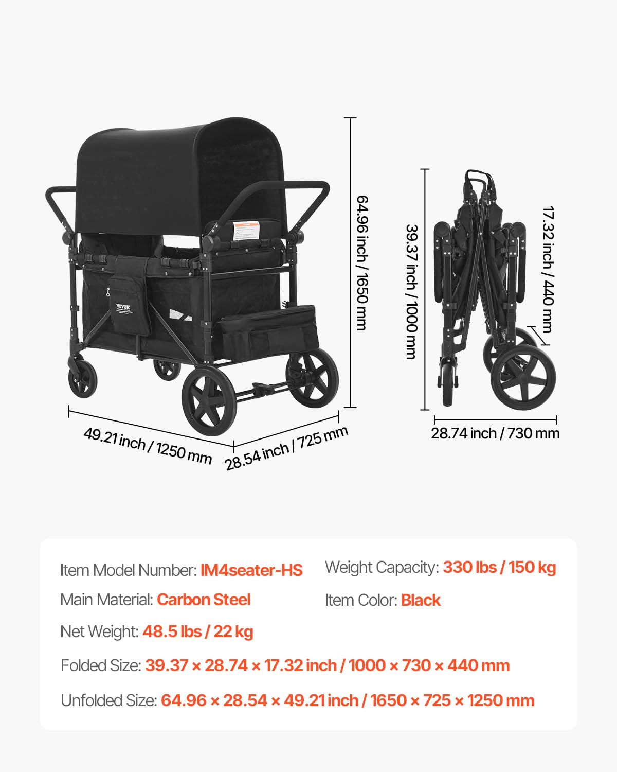 VEVOR Passeggino a Quattro Posti per 4 Bambini, Pieghevole con Maniglia Regolabile, Imbracatura di Sicurezza Tettuccio Rimovibile, Passeggino Bambini Comodo Resistente, Nero, Carico 150 kg