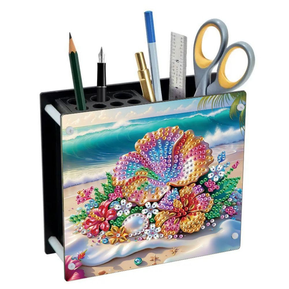DIY Diamond Art Painting Pencil Pen Holder for Desk, Pen Holder Desktop Organizer Storage Ornaments for Office Home Art Supplies-Beach Flowers