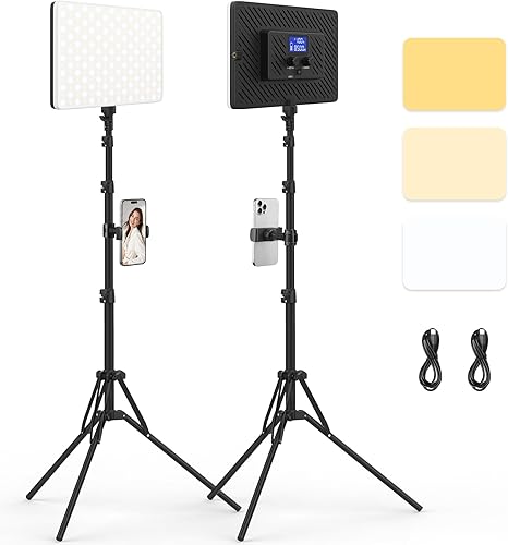 QEUOOIY - Paquete de 2 luces LED de video con soporte de trípode de 63 pulgadas, kit de iluminación de fotografía bicolor de 20 W, regulable