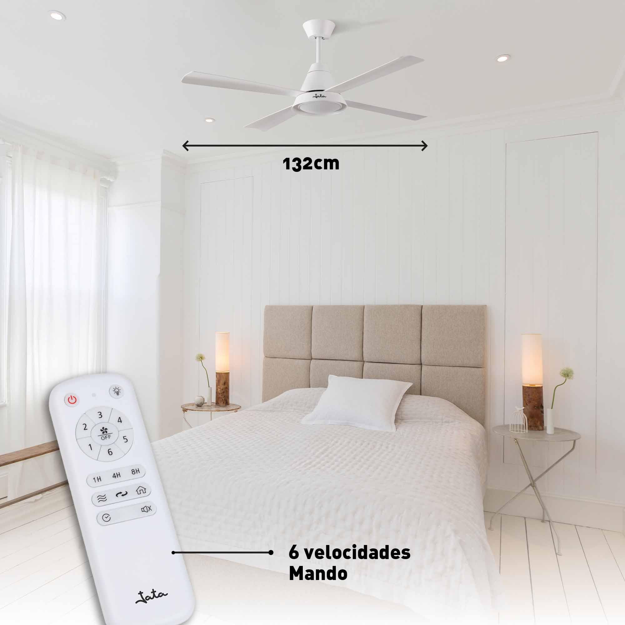 Jata JVTE4235 - Ventilador de Techo Blanco con Luz LED Regulable, Motor DC de Bajo Consumo, 6 Velocidades, Función Reverse, Mando a Distancia, Ventilador Silencioso 132 cm