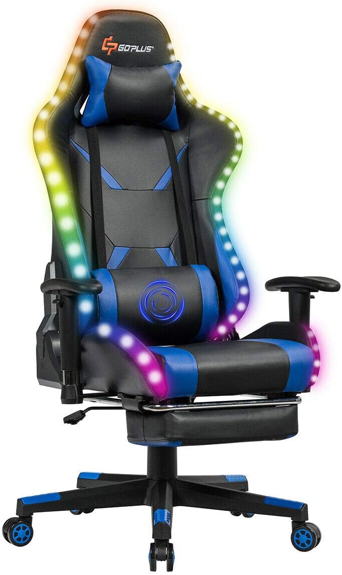 Goplus Massage Gaming Chair with RGB Light, Reclining Backrest Handrails and Seat Height Adjustment Racing Computer Office Chair with Footrest, Ergonomic High Back PU Swivel Game Chair