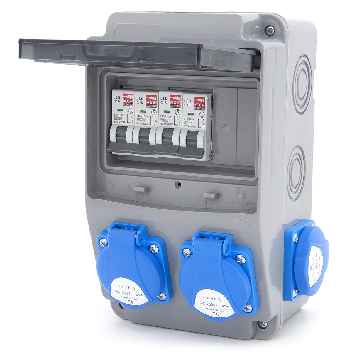 ELS Elektrotechnika - Distribuidor de enchufes para construcción, de pared, 4 Schuko, 230 V, 4 disyuntores C16, listo para conectar, cableado, para interior y exterior, talleres y fábricas, IP54