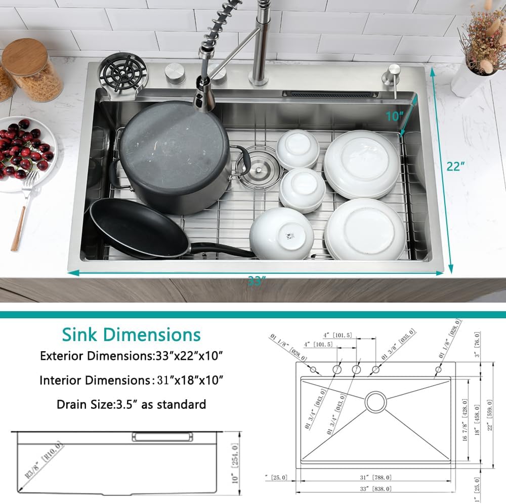 33 Inch Drop In Waterfall Kitchen Sink with Faucet Combo, 33x22 Drop In Kitchen Sink Workstation Stainless Steel Top Mount 16 Gauge Multifunction Deep Single Bowl Smart Sink Kitchen