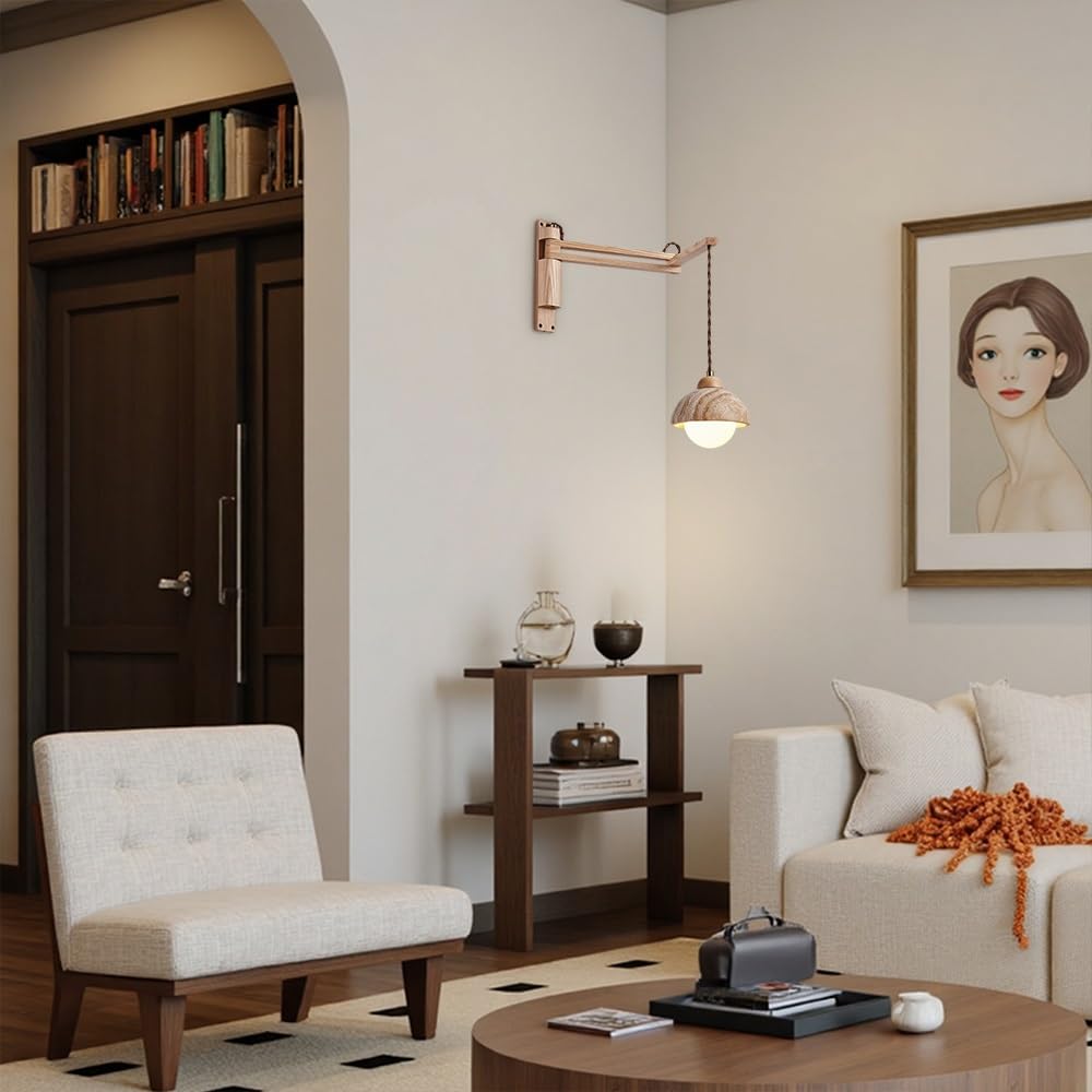 Aplique de pared de madera, pantalla de travertino amarillo | Lámpara de pared Wabi Sabi de estilo japonés, lámpara de pared de mármol moderna de mediados de siglo for cabecera(B)