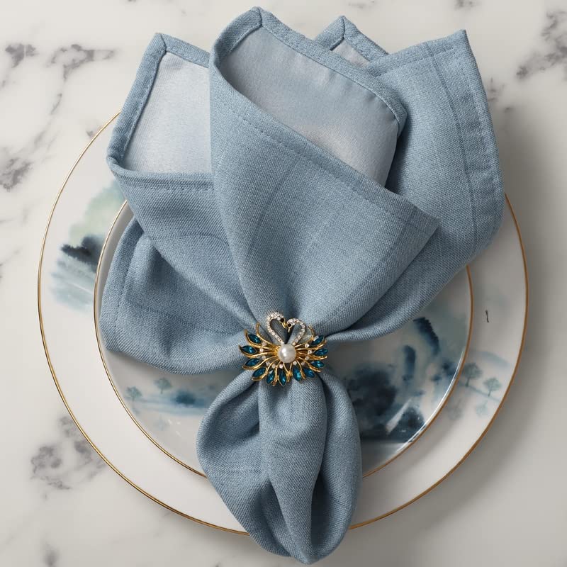 Gold Napkin Ring Teal Peacock Buckles Rhinestone Napkin Holders for Wedding Banquet Home Party Kitchen Decorations Dining Table Set of 12