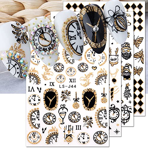 8 Blätter Gold Glitzer Neujahr Nagelsticker Selbstklebend Nagelaufkleber 2023 Countdown Uhr Feuerwerk Nagel Stickers Weihnachtsbaum Elch Pinguine Schmetterling Nageldesign Winter Nail Art Zubehör Cover