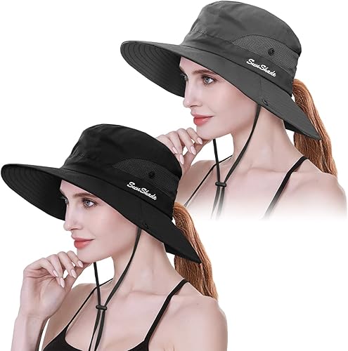Miniatura 8 de IYEBRAO - Paquete de 2 sombreros de cola de caballo para mujer, con protección UV, sombreros plegables de ala ancha para verano, boonie, playa,