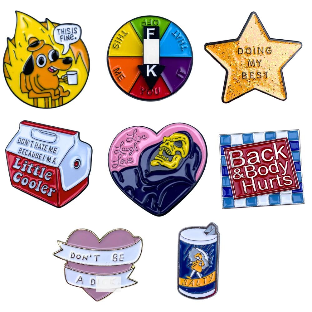 YJ PREMIUMS9PC Funny Enamel Pins Pack Cute Cool Fun Pin for Lapel Backpack Jacket Hat Bag Adult Teens Girls Boys, Small Buttons Unique Novelty Mood Assorted Cartoon Cheap Bulk Craft Supply Accessories Gifts