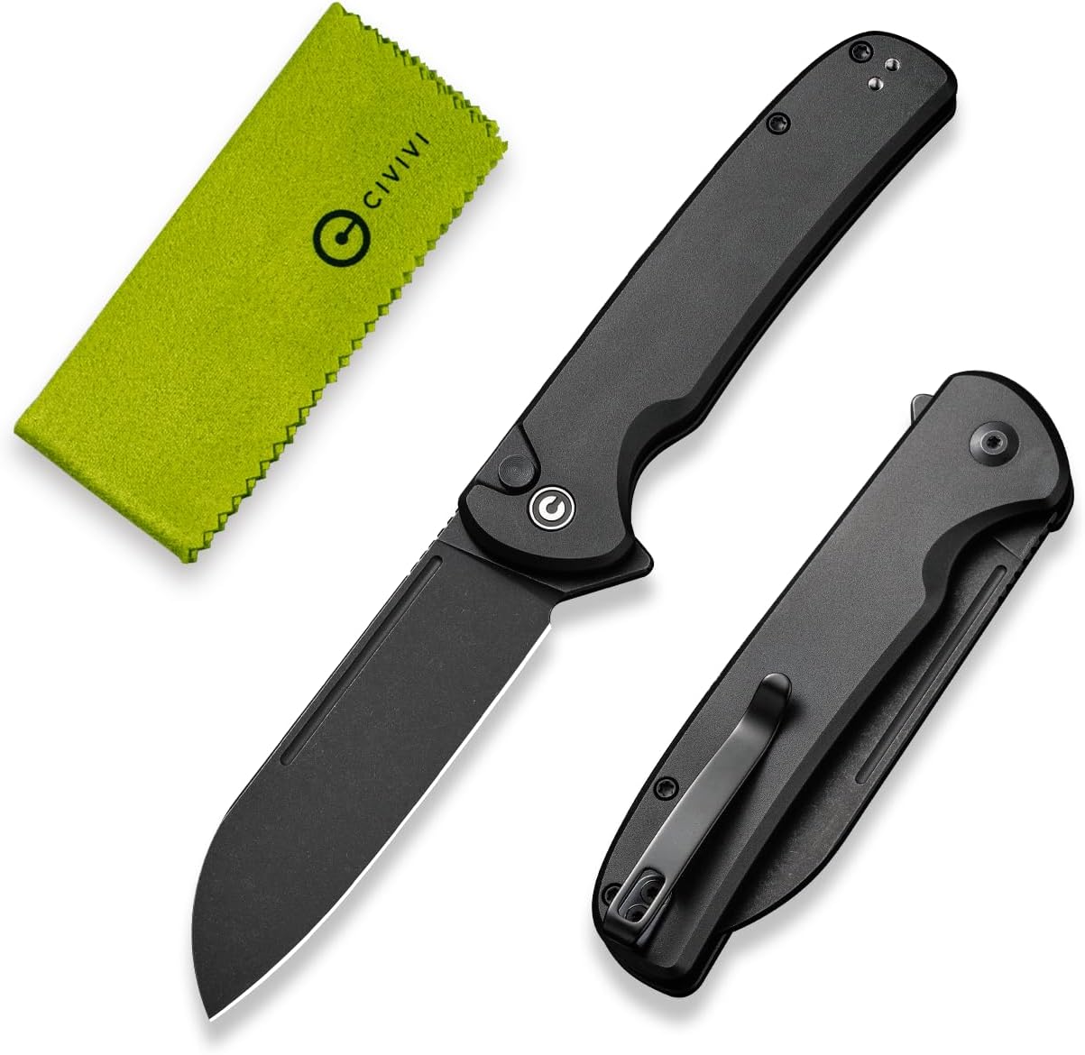 CIVIVI Chevalier II Folding Pocket Knife, Button Lock Knife for EDC 3.47" Black Stonewashed 14C28N Sheepsfoot Blade Plus Aluminum Handle, Utility Knife for Men Women Gift C20022B-1