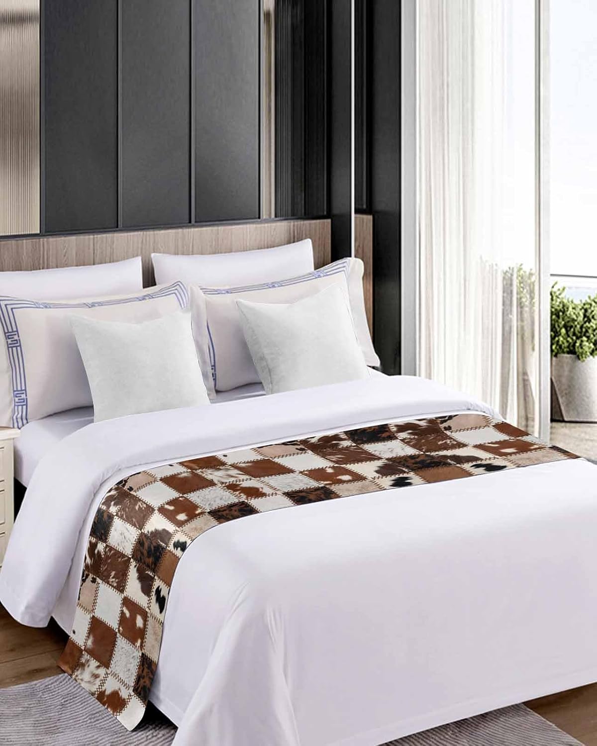 Brown Beige Bed Runner Scarf Full Queen Size, Vintage Art Plaid Farmhouse Checkered Luxury Bed Throw Runners & Scarves for Twin Full Queen King Foot of Bed, Bedroom Hotel Decoration, 83"x20"