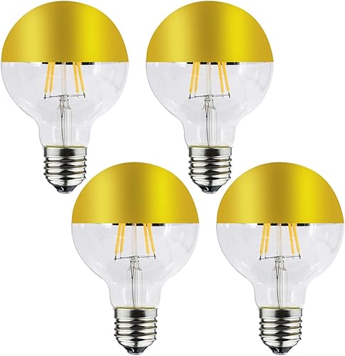 Lxcom Lighting Bombilla media cromada de 4 W (equivalente a 40 W), regulable, G80/G25, bombillas de espejo con punta dorada, 2700 K, blanco cálido,