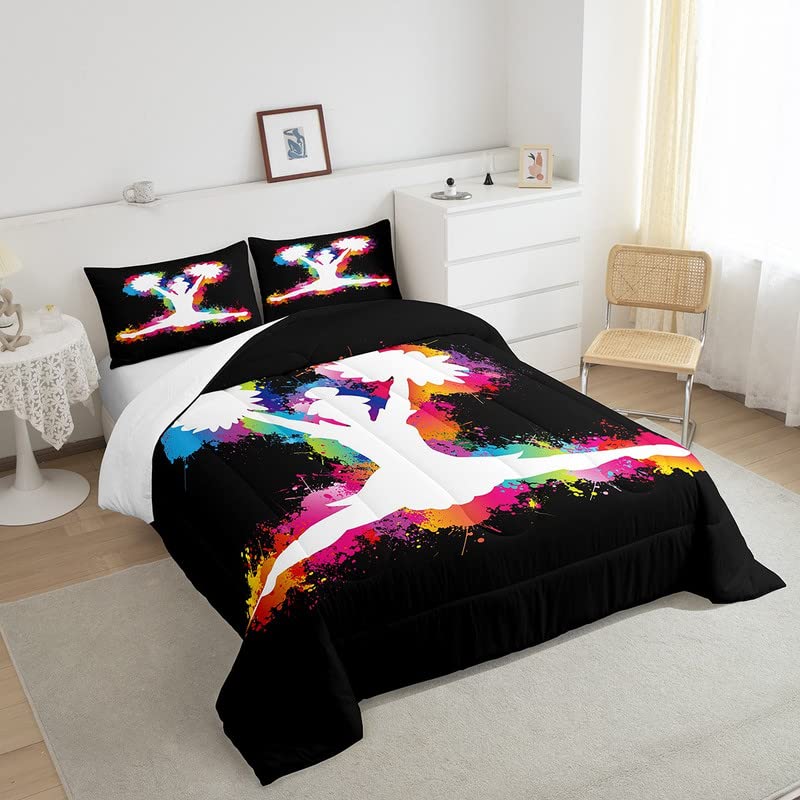 Image of Feelyou Colorful Cheerleader Comforter Set Cheerleading Comforter for Kids Boys Girls Cheer Team Bedding Set Breathable Gymnastics Lovers Black Duvet Set Room Decor Quilt Set Full Size