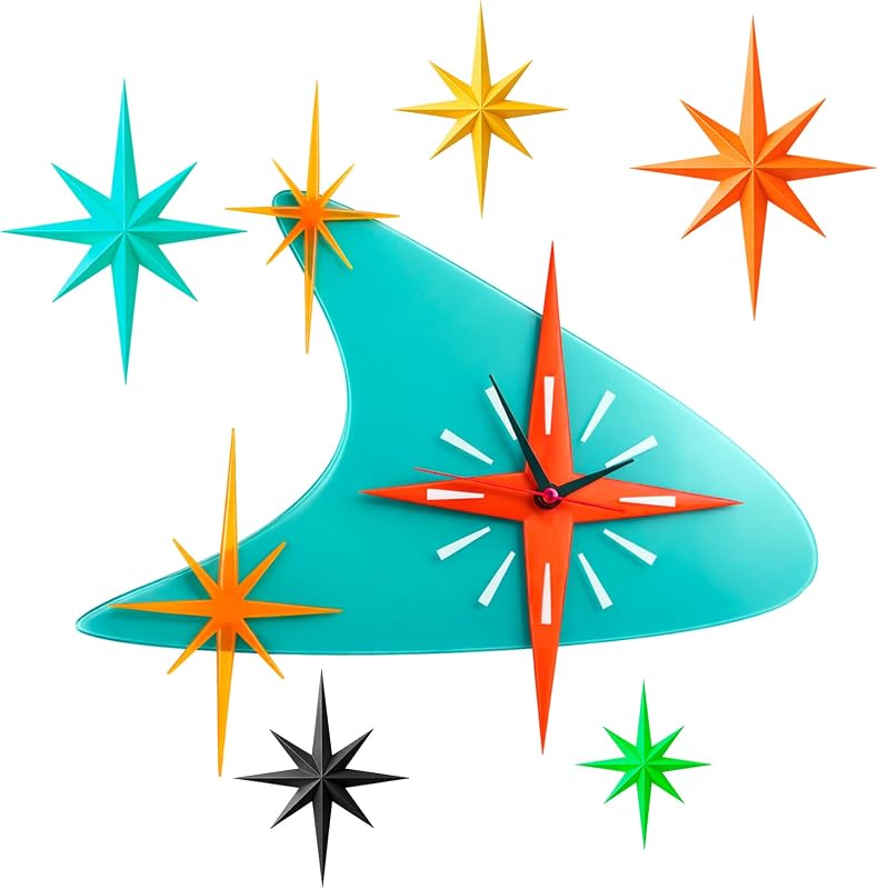 25 inch Mid Century Modern Wall Clock Decor with 5 Pcs Retro 3D Star Art Wall Sculpture Starburst Clock art Vintage Home Decor Accent for Living Room Bedroom Office(Retro)