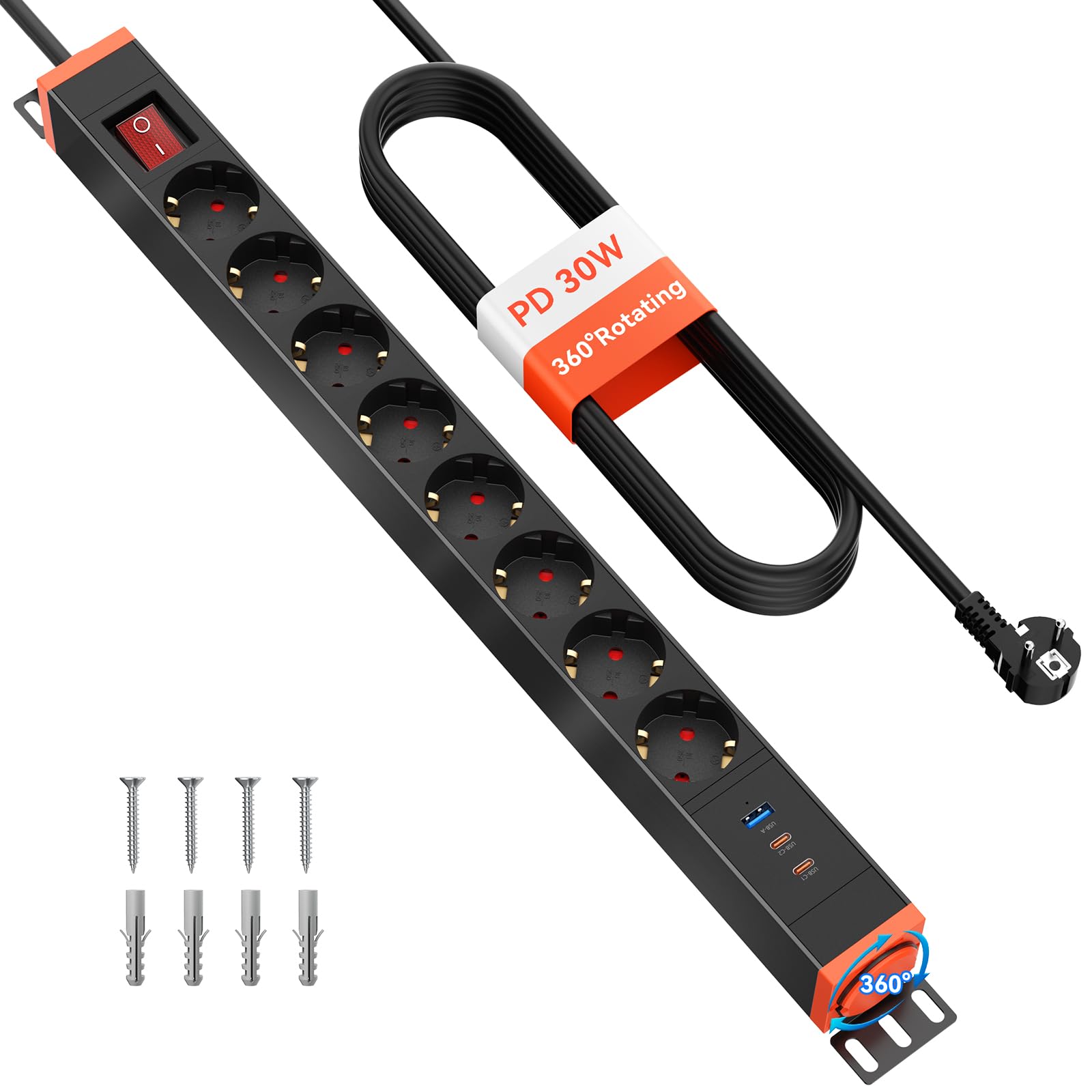 Regleta 8 Tomas con protección contra sobretensiones y USB-C PD 30W | Soporte 360°, 16A/4000W, USB-C2 15W, USB-A 15W, cable 1,8 m, pared, escritorio y bajo mesa