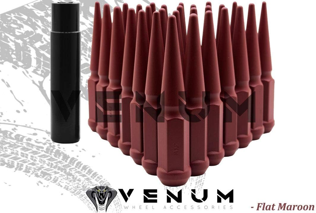 Venum wheel accessories 32 Pc M14x1.5 Flat Maroon Spike Lug Nuts - Powder Coated - 4.5" Tall Compatible with Chevrolet/GMC 1999-2020 Silverado Sierra 2500 HD 3500 HD 8 Lug Trucks