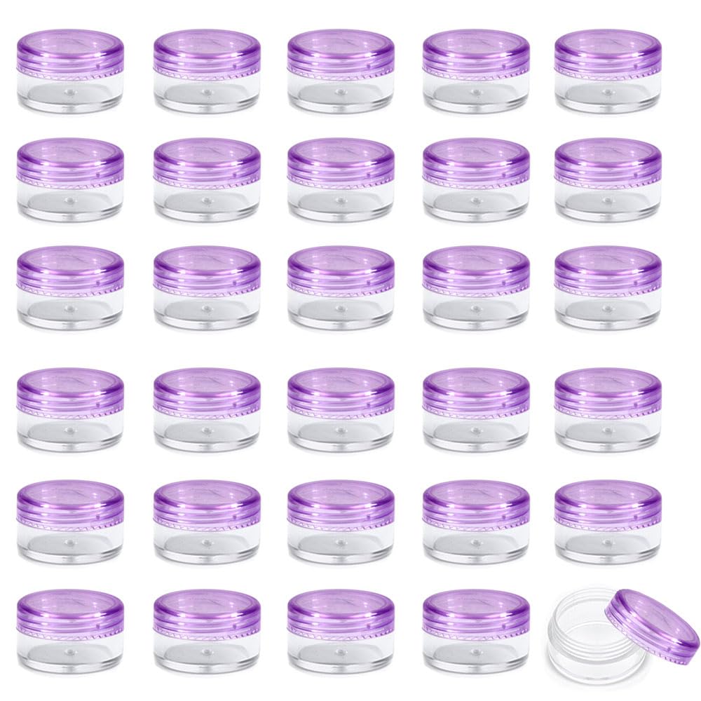 30 Count Tiny Sample Jars,3 Gram Sample Containers with Lids,Empty Lip Balm Containers, Mini Cosmetic Containers with Lids, Makeup Travel Containers(Clear Purple)