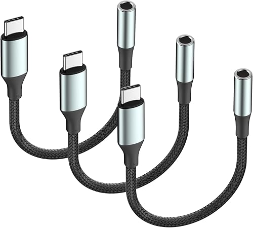 Adaptador de auriculares de 0.138 in para iPhone 15, paquete de 3 certificado Apple MFi trenzado USB tipo C a 0.138 in, adaptador de audio auxiliar