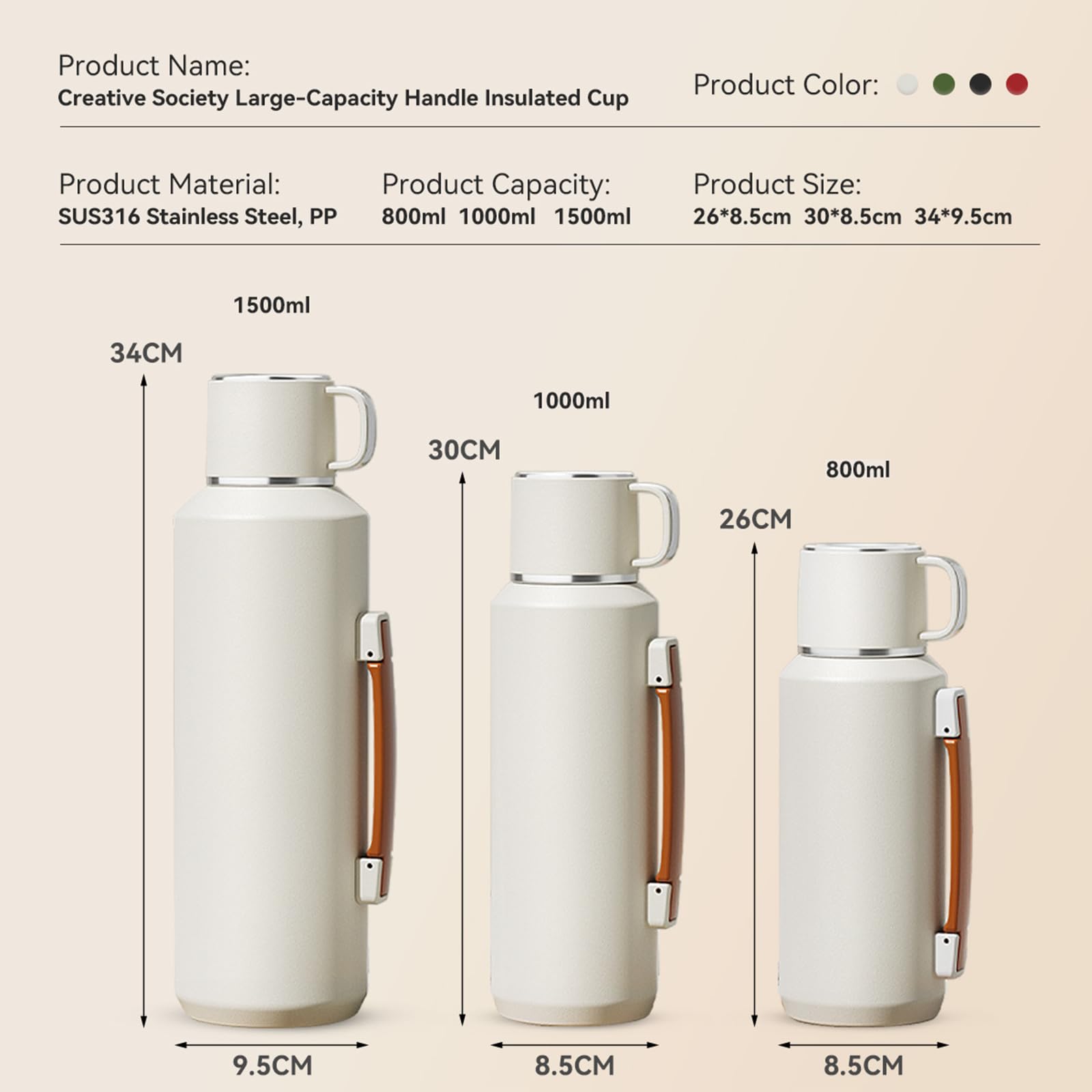 Simcat Thermos da 1500 ml, bottiglia isolata sottovuoto in acciaio inox 316
