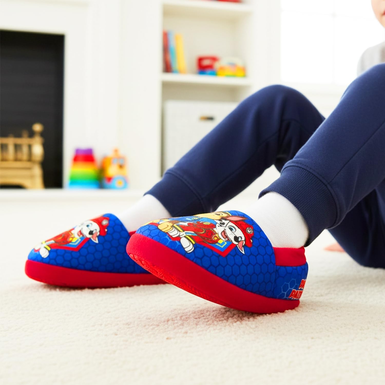 Paw Patrol Slippers for Boys 18-24 Months - Bundle with Red Plush Snuggle Toe Footlet Socks with Grips Plus Stickers, More | Paw Patrol Slippers for Boys Size 5/6