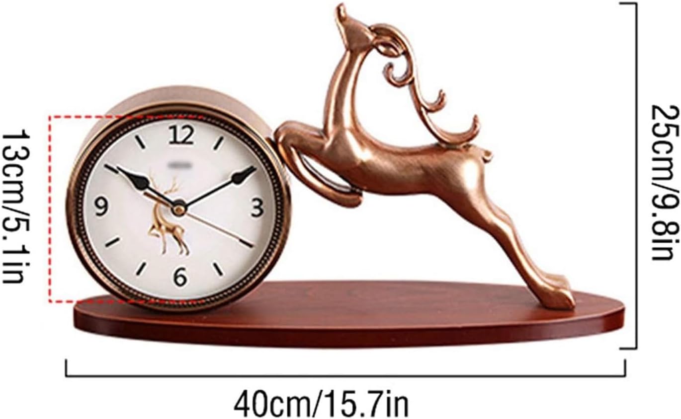 Mantel Clock Living RoomTable Clocks, Silent Non Ticking Retro Deer Sculpture Art Desk Clock for Living Room Bedroom Office