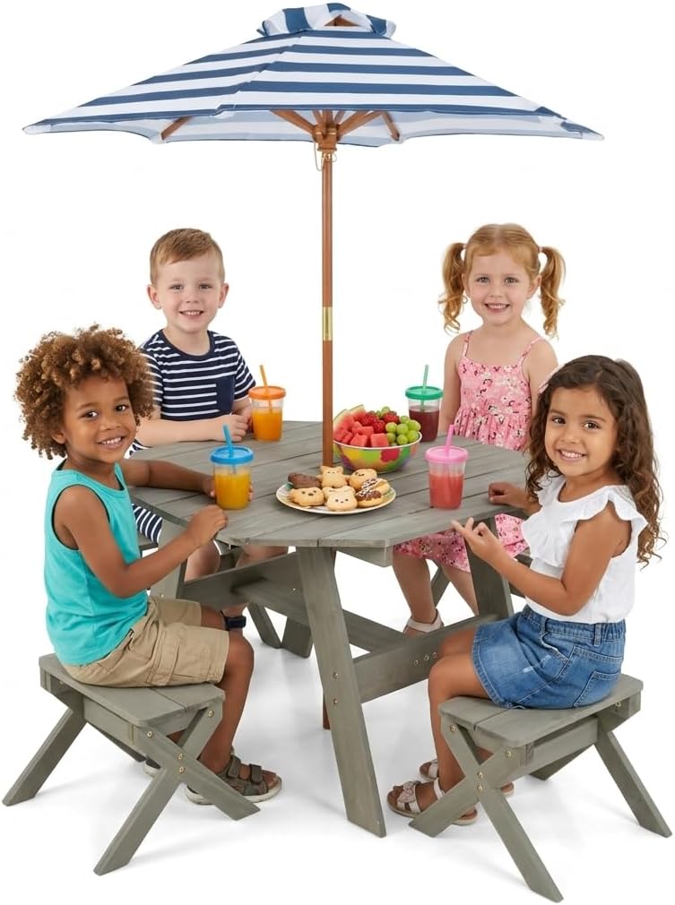Costzon Kids Picnic Table, Fir Wood Octagon Kids Table and Chair Set with Removable Umbrella, Toddler Activity Table for Backyard, Garden, Patio, Kids Outdoor Furniture for Boys Girls (Grey)