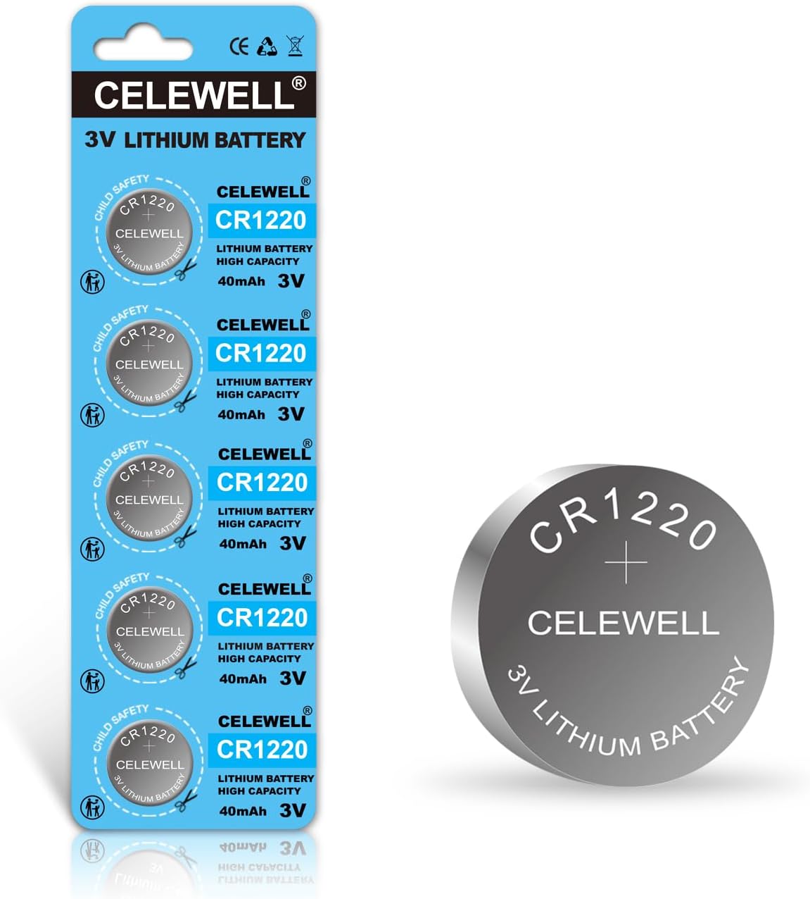 CELEWELL CR1220 5-Pack 3V Lithium Battery 40mAh for LED Light/Bracelet/Flashlightใ5-Year Warrantyใ