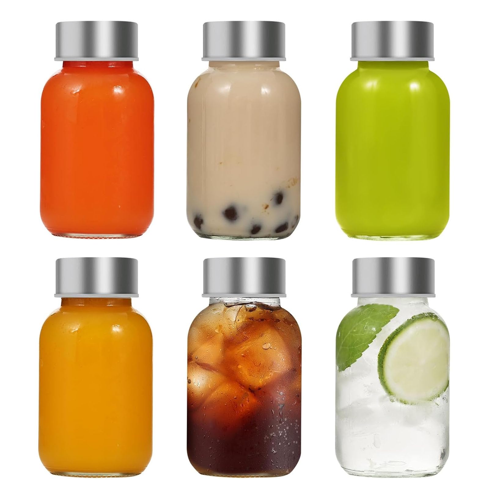 PISTISJACK 6 Glass Bottles 150 ml with Stainless Steel Lid, Smoothie Glasses Set, Smoothie Cup to Go for Juices, Smoothies, Milk, Glass Juice Bottles, BPA-Free, Reusable Glass Water Bottle
