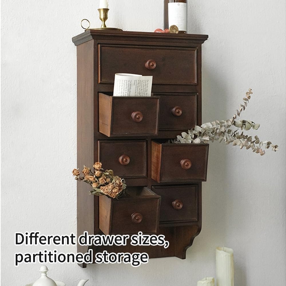 Rustic Mini Wall Cabinet 7 Small Drawers Wooden Curio Cabinet Wall Mounted Countertop Storage Display Cabinet for Room Space Saver