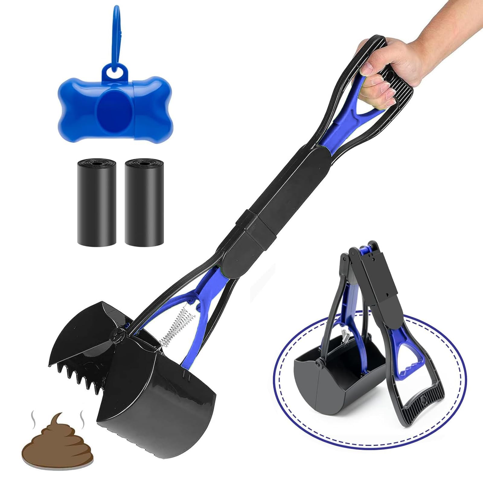 Paletta Raccogli Cacca Cani per Raccogli 45cm Cacca Cane Pieghevole Paletta per Cacca con Sacchetti Cane Cacca, Portasacchetti Cane Cacca Cane Paletta Cacca Cane per Raccogli Feci Cane (Blu)