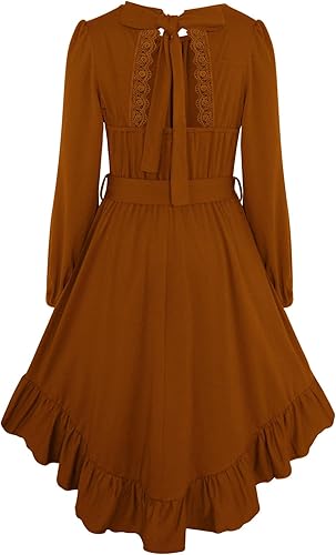 Girls Boho Dress Teen Long Sleeve Lace Backless Tie Back High Low Swing Pocket Dresses with Belt Size 5-16 Years